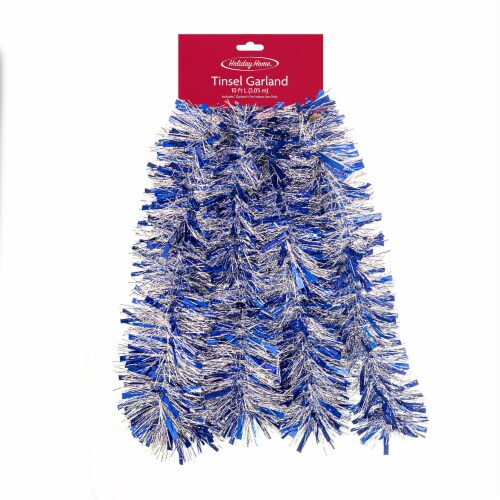 Holiday Home 10' Blue and Silver Wide Cut Tinsel Garland Christmas Decoration Perspective: front