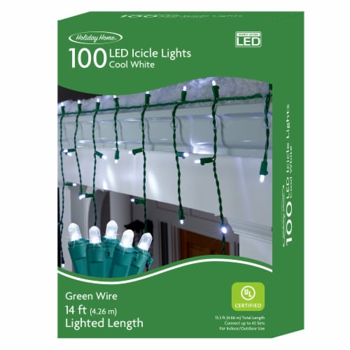 Holiday Home 100 ct Green Wire LED Icicle Christmas Lights - White Perspective: front