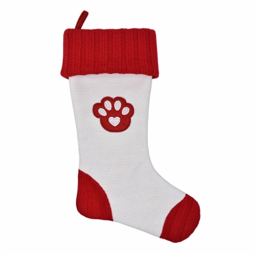 Holiday Home White with Red Toe & Heel Monogram Stocking Letter Paw Print Perspective: front