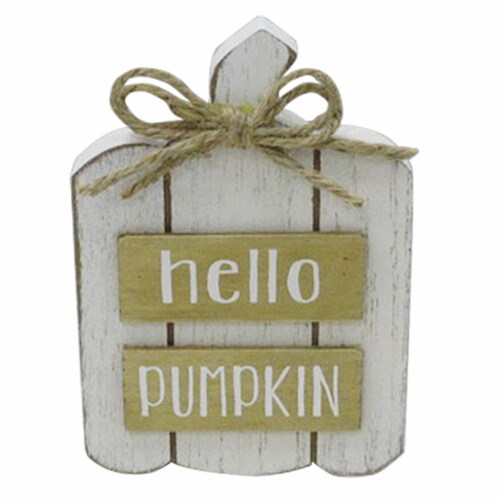 Holiday Home White Pumpkin Bow Hello Wooden Fall Décor Perspective: front
