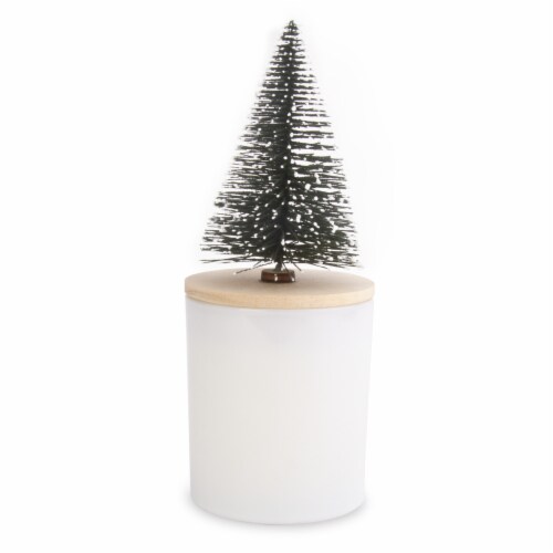 Holiday Home Glass Jar Candle with Wood Lid & Tree - White Perspective: front