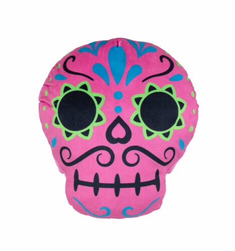 Holiday Home Halloween Day of the Dead Large Pink Skull Plush - Dia de Los Muertos Perspective: front