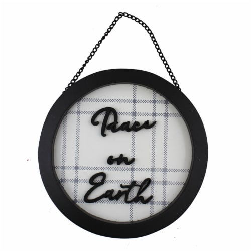 Holiday Home 5in Plaid Round Wall Sign Peace on Earth Perspective: front