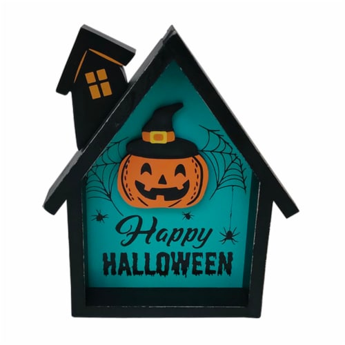 Holiday Home Wood Block House Happy Halloween Table Decor Perspective: front