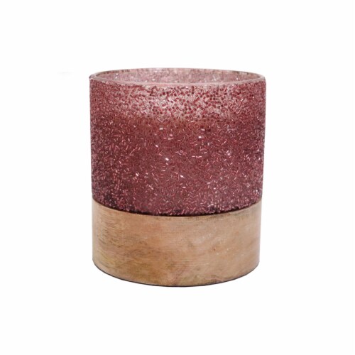 Holiday Home Valentine's Day Red Glass with Wood Base Candle Perspective: front