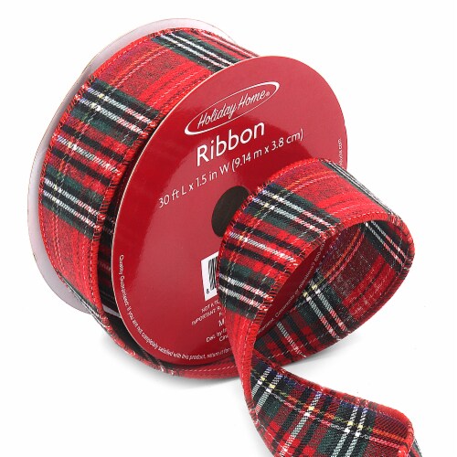 Holiday Home 1.5" Red Plaid Wire Edge Christmas Ribbon Perspective: front