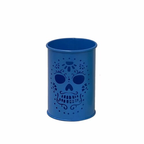 Holiday Home 5" Day of the Dead Blue Metal Candle Holder - Dia de Los Muertos Perspective: front