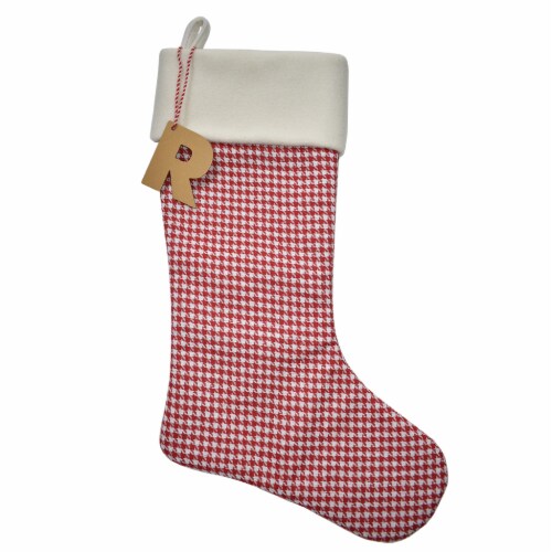 Holiday Home Monogram Red Houndstooth Stocking with Hanging Letter R Perspective: front