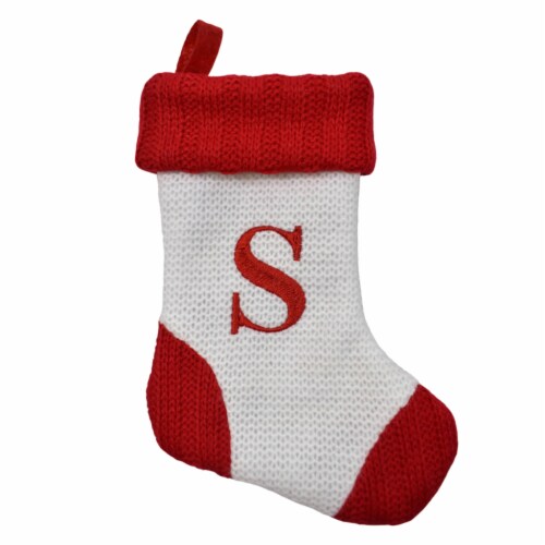 Holiday Home White with Red Toe & Heel Monogram Mini Stocking Letter S Perspective: front