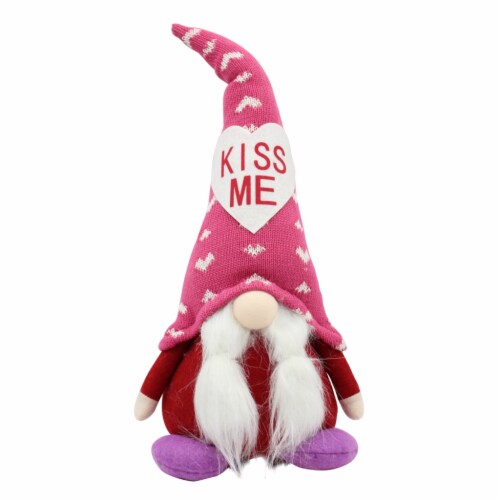Holiday Home Valentine's Day Pink Hat Kiss Me Fabric Gnome Perspective: front