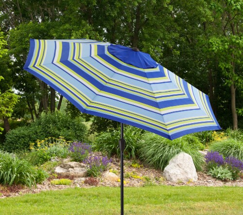 HD Designs Striped Patio Umbrella - Blue/Green/White Perspective: front