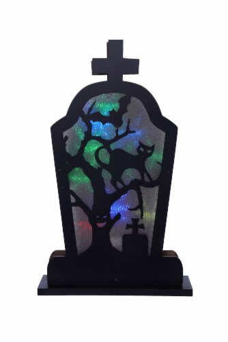 Holiday Home LED Tombstone Cat in Tree Gravestone Halloween Decor Perspective: front