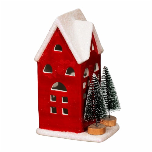Holiday Home LED Ceramic House with Trees Red Perspective: front