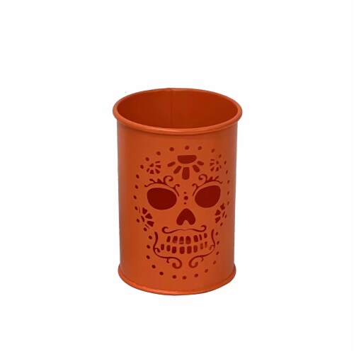 Holiday Home 5" Day of the Dead Orange Metal Candle Holder - De de Los Muertos Perspective: front