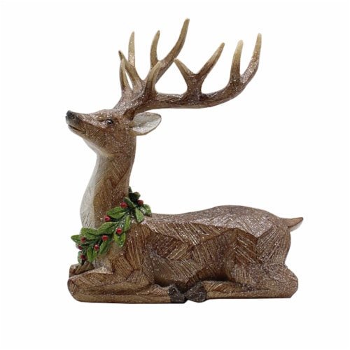 Holiday Home 11.4in Sitting Brown Reindeer with Berry Wreath Perspective: front