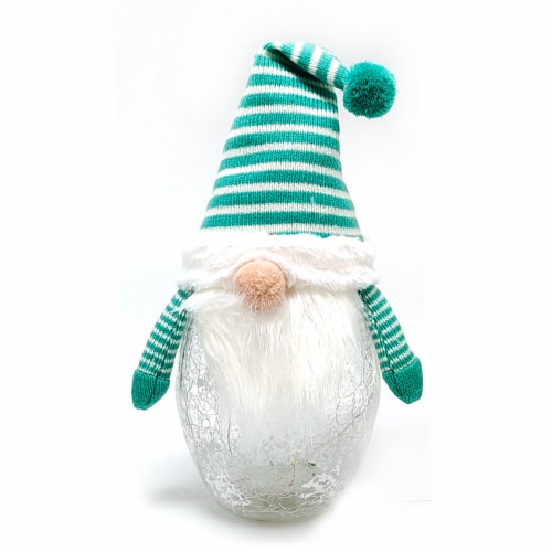 Holiday Home LED Crackle Glass Gnome with Striped Hat - Green Perspective: front