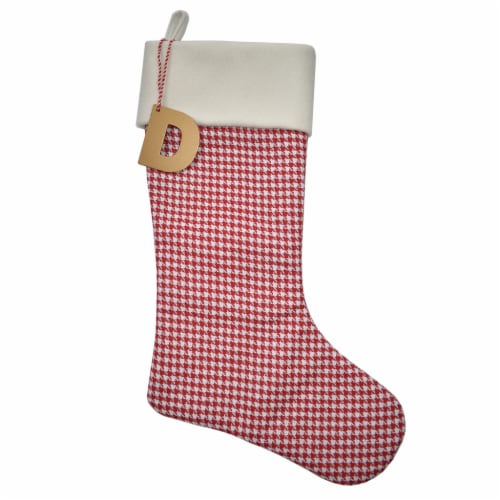 Holiday Home Monogram Red Houndstooth Stocking with Hanging Letter D Perspective: front