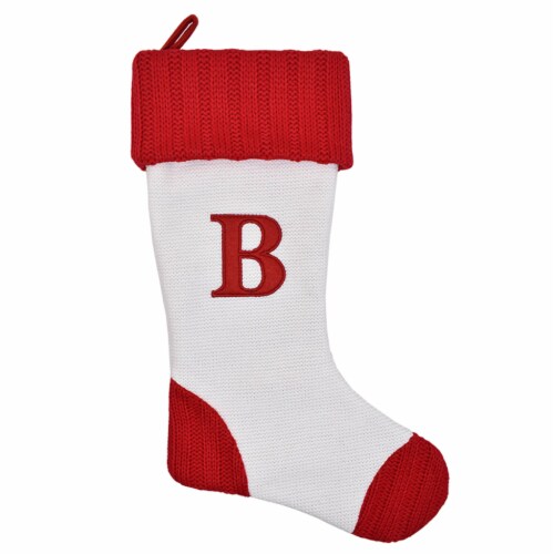 Holiday Home White with Red Toe & Heel Monogram Stocking Letter B Perspective: front