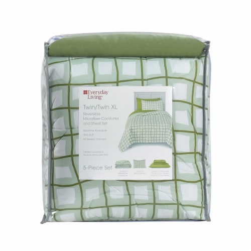 Everyday Living® Check Lines Reversible Twin/Twin XL 5 Piece Set - Green/White Perspective: front