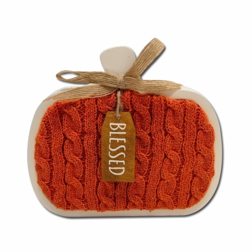Holiday Home 6.7 in Wood Table Décor Pumpkin Sweater Orange Perspective: front
