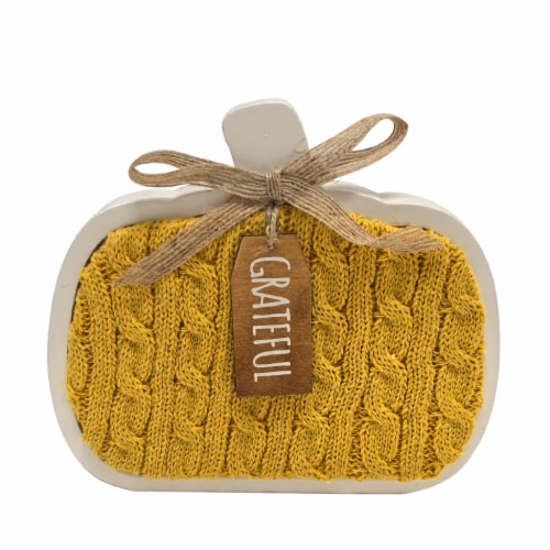 Holiday Home 6.7 in Wood Table Décor Pumpkin Sweater Yellow Perspective: front