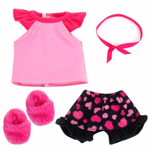 Sophia's Girl Pink & Black Heart Print Pajamas, Hair Tie & Fluffy Slippers for 15  Dolls Perspective: front