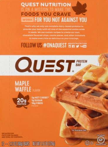 Quest Maple Waffle Protein Bars 12 Count Perspective: front