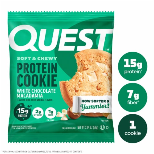 Quest High Protein Low Carb White Chocolate Macadamia Nut Cookie Perspective: front