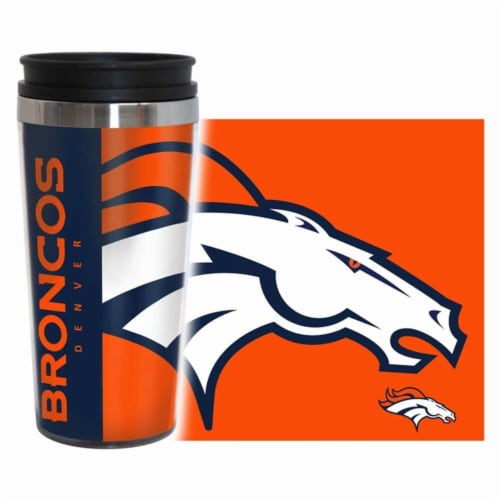 Denver Broncos Travel Mug - 14 oz Full Wrap - Hype Style Perspective: front