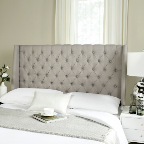 SAFAVIEH London Winged Linen Headboard Flat Nail Head Taupe Full Perspective: front