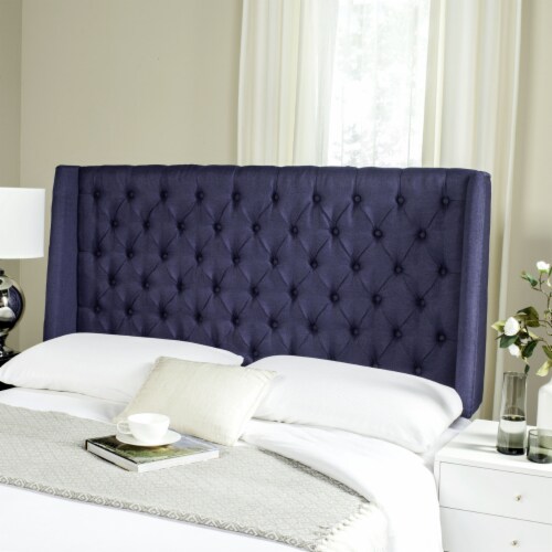 SAFAVIEH London Linen Tufted Winged Headboard Flat Nail Head Navy Full Perspective: front