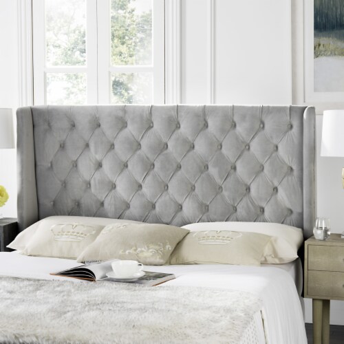 SAFAVIEH London Tufted Winged Headboard Flat Nail Head Pewter Queen Perspective: front