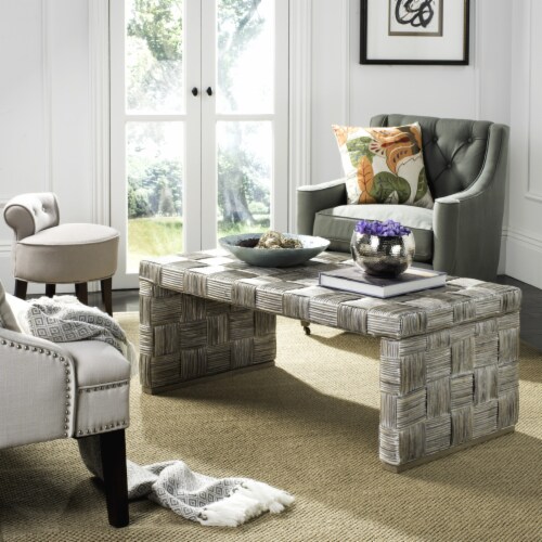 SAFAVIEH Adkin Rattan Coffee Table White Perspective: front
