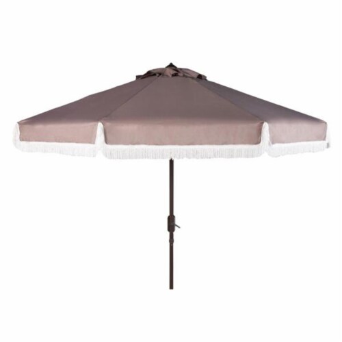 SAFAVIEH Outdoor Collection Milan Fringe 9-Foot Tilt Umbrella Grey/White Perspective: front