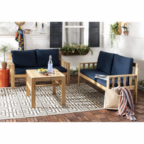 SAFAVIEH Outdoor Collection Lardner Living Set Natural/Navy Perspective: front