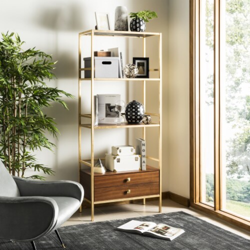 SAFAVIEH Mateo 4 Tier 1 Drawer Etagere Gold Walnut 38 x 13 x 70.3 W x D Foods Co