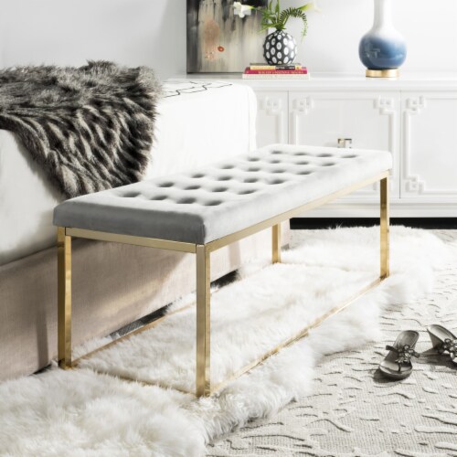 SAFAVIEH Reynolds Velvet Bench Grey / Brass Perspective: front