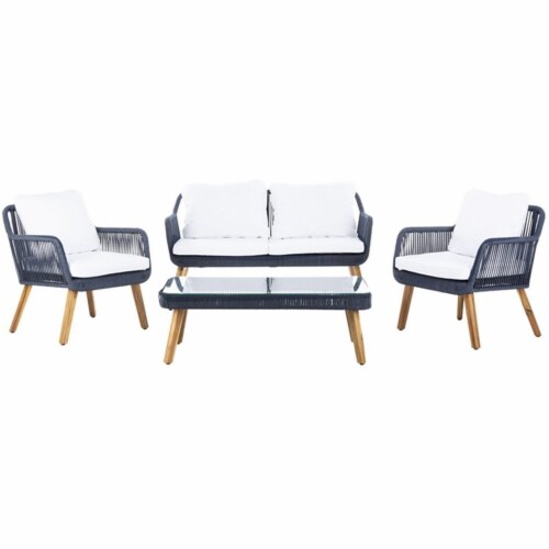 Safavieh Aldric 4 Piece Patio Sofa Set in Navy and Teak Brown 1