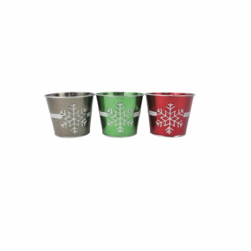 Darice Set of 3 Red, Green and Silver Glitter Snowflake Decorative Christmas Tin Pots 5 Perspective: front