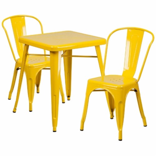 Flash Furniture CH-31330-2-30-YL-GG Metal Indoor-Outdoor Table Set With 2 Stack Chairs - Yell Perspective: front