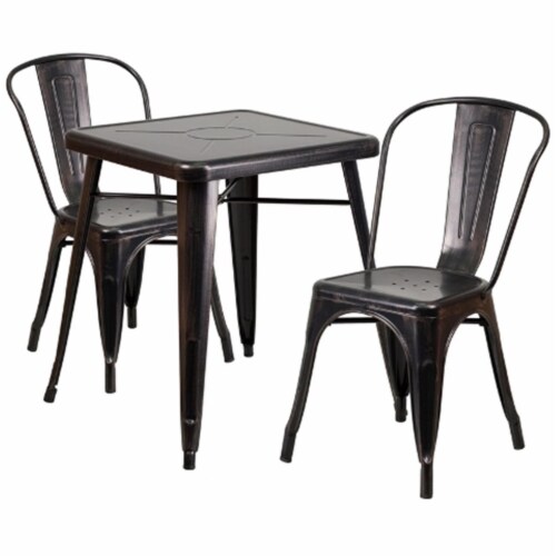 Flash Furniture CH-31330-2-30-BQ-GG Metal Indoor-Outdoor Table Set With 2 Stack Chairs - Blac Perspective: front