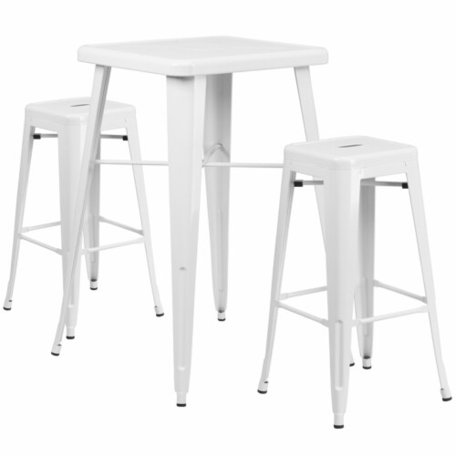 23.75 Square White Metal Indoor Outdoor Bar Table Set With 2