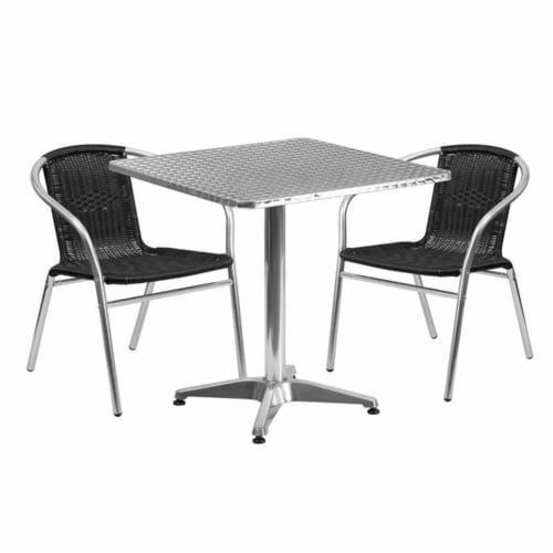 27.5'' Square Aluminum Table Set with 2 Black Rattan Chairs - TLH-ALUM-28SQ-020BKCHR2-GG Perspective: front