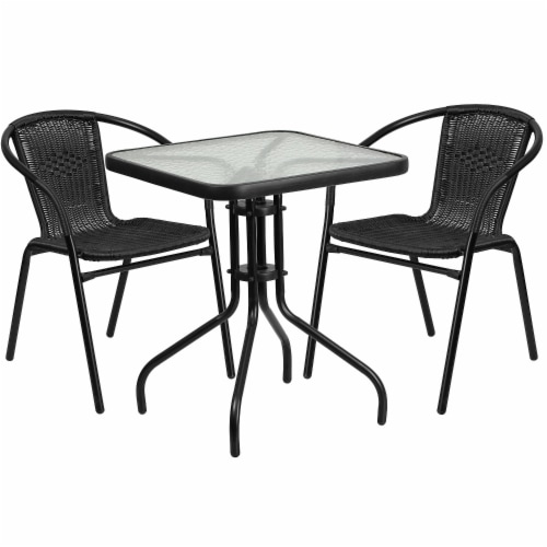 Flash Furniture 23.5'' Square Glass Metal Table with 2 Black Rattan Stack Chairs Perspective: front