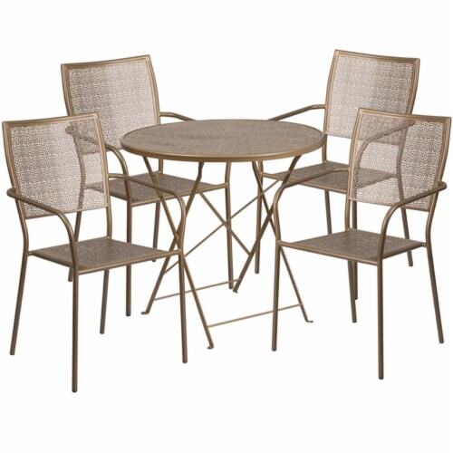 Flash Furniture 5 Piece 30  Round Steel Flower Print Patio Dining Set in Gold Perspective: front
