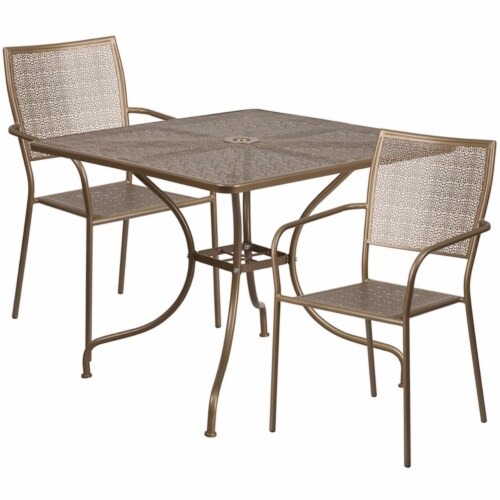 Flash Furniture 3 Piece 36  Square Steel Flower Print Patio Dining Set in Gold Perspective: front