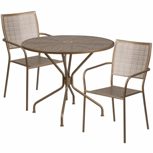 Flash Furniture 3 Piece 35  Round Steel Flower Print Patio Dining Set in Gold Perspective: front
