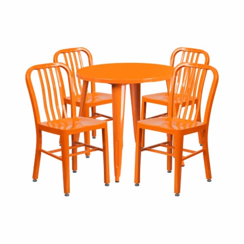 30'' Round Orange Metal Indoor-Outdoor Table Set with 4 Vertical Slat Back Chairs Perspective: front