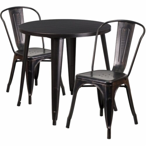 30'' Round Black-Antique Gold Metal Indoor-Outdoor Table Set with 2 Cafe Chairs Perspective: front