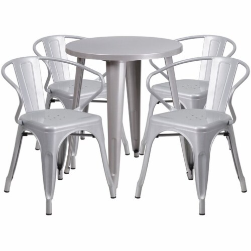 24'' Round Silver Metal Indoor-Outdoor Table Set with 4 Arm Chairs Perspective: front